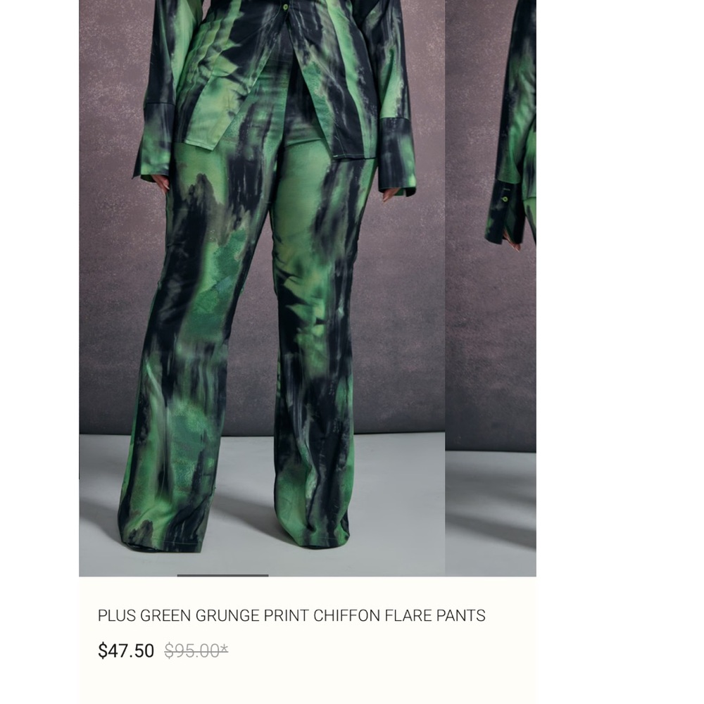 NWT PRETTY LITTLE THING Plus Green Grunge Print Chiffon Flare Pants SIZE 16 - Picture 2 of 7